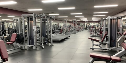 Fototapeta premium A picture of an empty gym with lots of workout equipment, but no people in it.