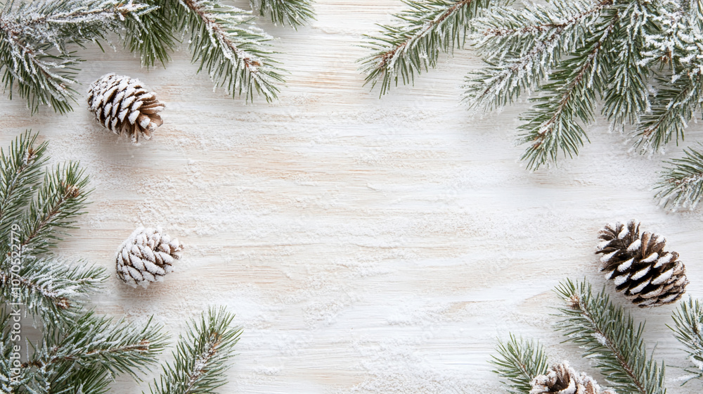 Poster snow-covered pine branches and pine cones create a wintery scene on a white wooden background