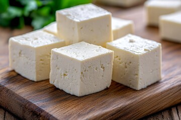 Freshly cut tofu blocks arranged on a wooden board with green herbs in the background