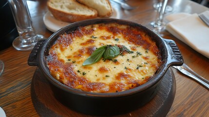 A warm, cheesy lasagna topped with fresh basil and a side of garlic bread