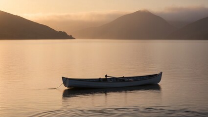Naklejka premium Calm Sunrise Over Loch Ness with Rowing Boat