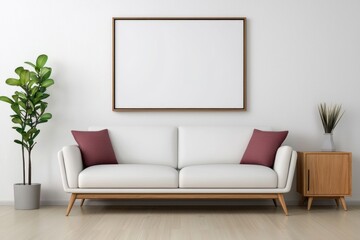 Modern living room featuring a white sofa with accent pillows and plants in a bright setting