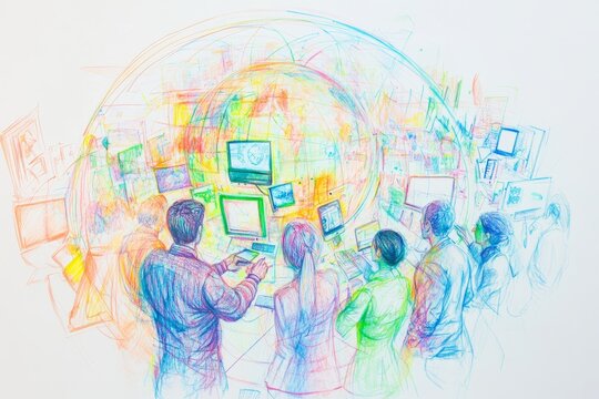 people of all occupations helping with media worldwide spreading, simple line art, high tech, focus on globle, power of media, consist of all occupations