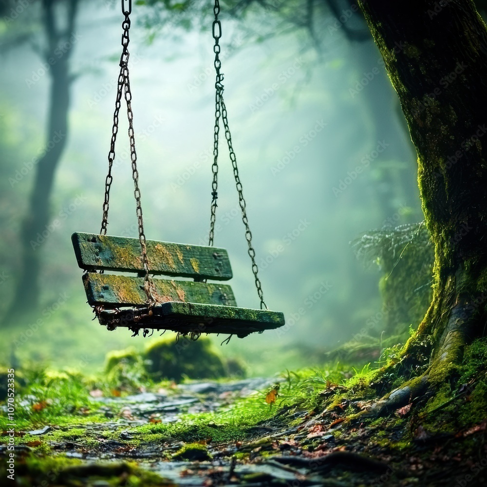 Poster a lonely swing swings gently from a tree in a misty forest evoking a sense of solitude and wonder