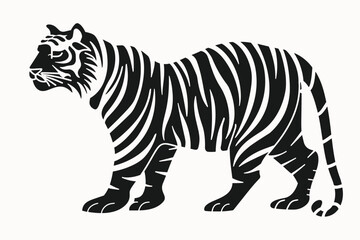 Obraz premium Silhouette of a majestic tiger with distinctive stripes, symbolizing strength and elegance in a minimalistic black and white design.