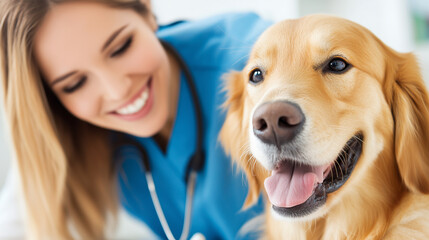 Female Veterinarian Examining Golden Retriever in Clinic, Conducting Health Check-up and Providing Professional Care for Friendly Family Dog.