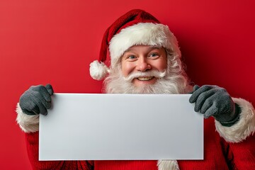 Naklejka premium Cheerful Santa Claus holds a blank sign against a bright red background during the festive holiday season. Generative AI