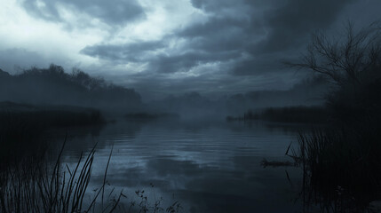 Dramatic cloudy sky reflected on calm lake water, creating a moody mirrored effect. High-resolution scene with muted lighting and melancholic atmosphere.