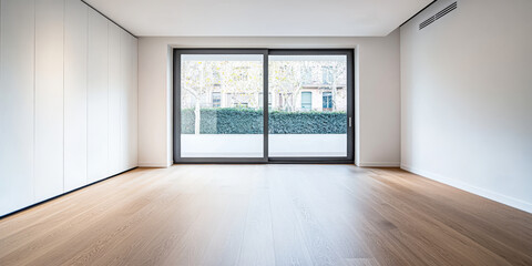 Obraz premium Bright and spacious modern room with large windows overlooking greenery in an urban setting