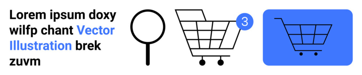 Magnifying glass, shopping cart with a notification badge, and a shopping cart icon in a blue square. Ideal for e-commerce, online shopping, search functionality, notifications, retail, web design
