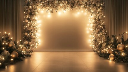 Christmas-themed wall with soft, glowing lights and an open floor space. Perfect for holiday messaging, with delicate garland and ornaments framing the scene.