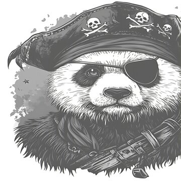 recommend clip art: A black and white illustration of a pirate panda with an eye patch, bandana, and a pirate hat.