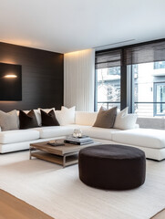 Modern living room design featuring a sectional sofa and coffee table in a bright apartment