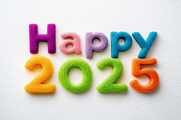 Colorful letters and numbers of Happy New Year 2025 ,Wool felt texture, Fluffy