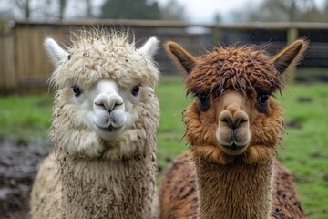 White and brown alpacas in an outdoor farm setting. Cute farm woolly animals