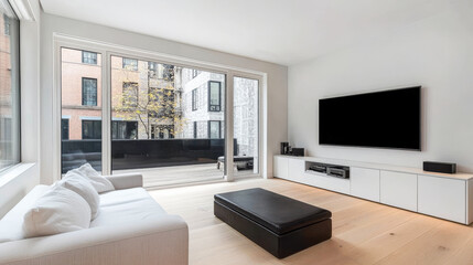 Fototapeta premium Modern living room with minimalist furniture and large windows overlooking a city street