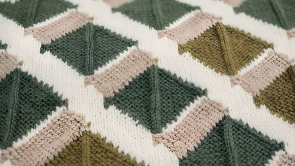 Closeup of Cozy Knitted Fabric with Green and Beige Diamond Pattern