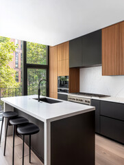 Modern kitchen design featuring sleek cabinetry and an inviting breakfast bar with greenery outside