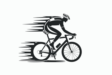 Fototapeta premium Silhouette of a male cyclist racing on a bicycle, highlighting speed and motion against a blank background.