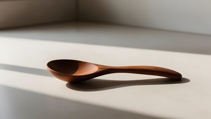 Wooden Spoon: A single, hand-carved wooden spoon with a smooth finish, set on a minimal kitchen surface. 