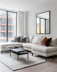 Modern living room with a sectional sofa and large windows overlooking an urban setting