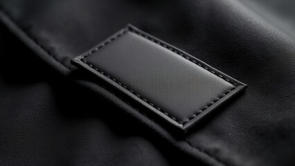 Personalized woven clothing labels in sleek black, sewn onto dark fabric, subtle shadows enhance stitching detail.