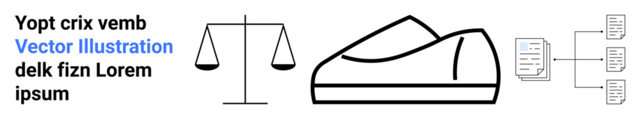 Balance scale, abstract shoe, and flowchart diagram. Ideal for justice, fashion, organization, abstract concepts, balance, infographics business Landing page