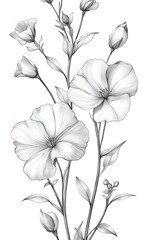 Delicate line drawing of flowers with graceful petals and buds, isolated on a white background, perfect for art and design projects.