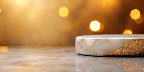 A close-up of a white marble podium with gold glitter accents, positioned on a marble surface with a blurred background of warm yellow and brown bokeh lights