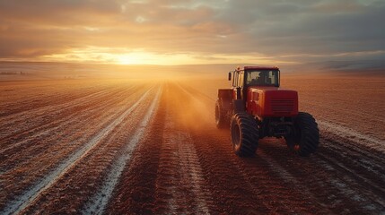 Fototapeta premium Evening Light Over Expansive Field with Heavy Equipment