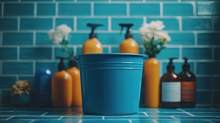Obraz premium Blue bucket in front of orange bottles and white flowers on a turquoise tiled background.