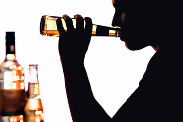 Alcohol addict. Drinking problem and abuse. Silhouette of man with beer. Liquor consumption. Rehab,...