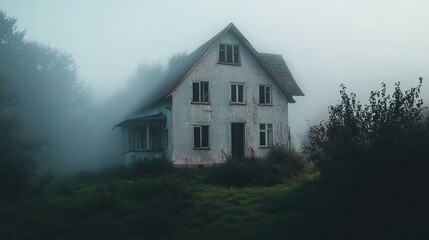Creepy haunted house, fog, mist, mysterious ambiance