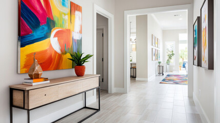 A bright and welcoming entryway with bold tile flooring, colorful artwork, and a chic console table, making a great first impression.