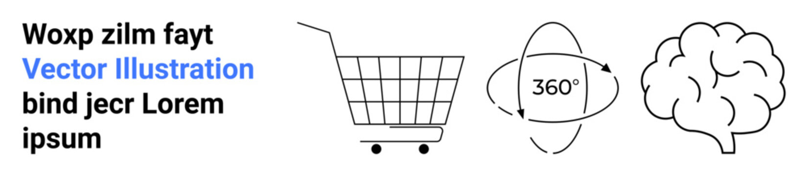 Black and white icons include a shopping cart, a 360-degree rotation symbol, and a brain. Text in blue and black contrasts with the minimal design. Ideal for e-commerce, innovation, or tech themes