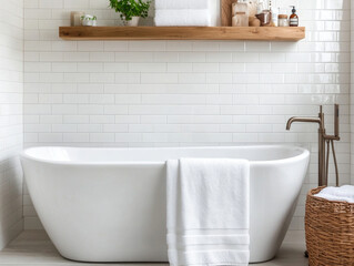 A bright, modern bathroom with clean lines, white subway tiles, and a freestanding bathtub, accented with wooden shelves.