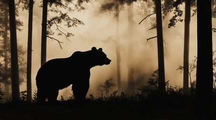 silhouette of a bear in a foggy forest