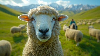 Cinematic poster design close up of a sheep's face in the foreground showcasing the soft and fluffy wool especially around the head and ears