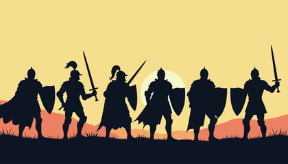 Fototapeta premium Silhouetted warriors holding swords and shields stand against a sunset backdrop, exuding strength and unity.