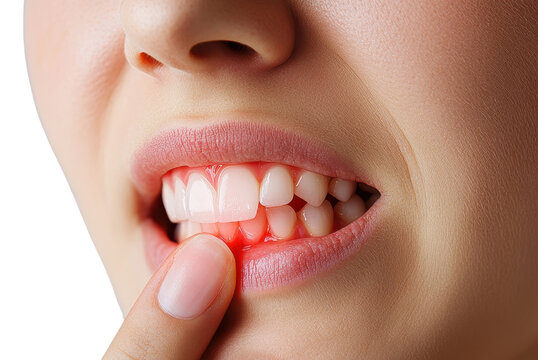 A close-up of a person's mouth showing swollen gums, indicating possible dental issues, with a finger pointing at the affected area., isolated on a transparent background.