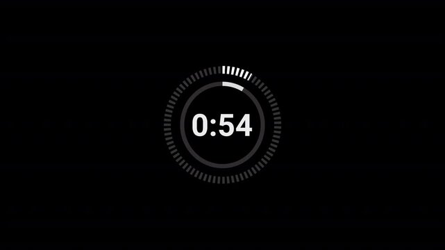 One minute countdown animation from 60 seconds to 0 seconds on a transparent background, One minute countdown timer with alpha channel