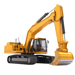 A detailed yellow excavator with a large bucket attachment, designed for digging and construction tasks, showcasing its robust structure and operational features.