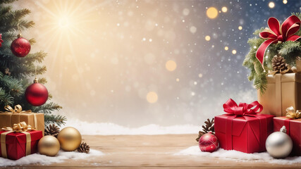 Merry Christmas and happy New Year background december snow winter wallpaper hd backdrop pastel colors gift box candle decor tree lights candles red boxes frost wooden table