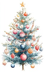 A beautifully decorated Christmas tree adorned with colorful ornaments and a golden star on top, fresh and vibrant for the festive season.