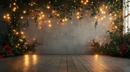 Festive interior wall scene with soft lights, garlands, and a rustic floor, creating the perfect Christmas vibe with a large area for text or holiday designs.