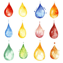 Colorful watercolor droplets in various shapes and sizes, each showcasing unique hues and textures, arranged in a grid pattern., isolated on a transparent background.