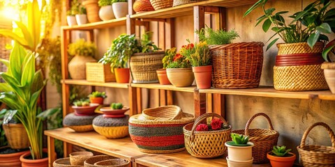 Fototapeta premium Cozy Shelf Display, Woven Baskets, Plants, Decor