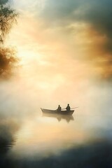 Two Figures in a Rowboat on a Misty Lake at Sunrise