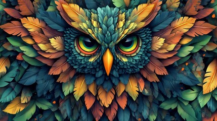 Fototapeta premium Majestic owl composed of colorful feathers staring with intense gaze