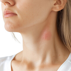 Obraz premium A close-up of a woman's neck showing a red mark, possibly indicating irritation or a skin condition against a black background., isolated on a transparent background.